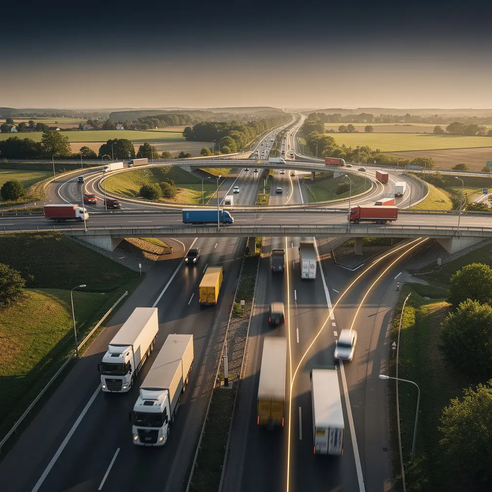 Transport and logistics in 2025 — European motorway with optimised truck flows