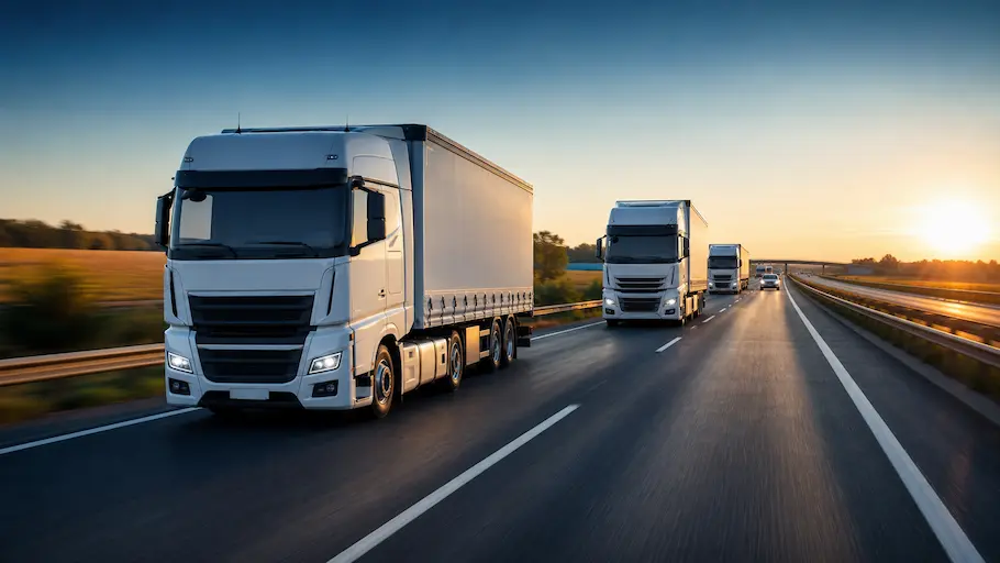 Heavy goods vehicles on a European motorway at sunset, illustrating road freight news in spring 2026