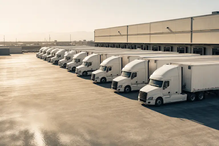 Trucks lined up in a logistics yard under a scorching sun, heat haze rising above the asphalt