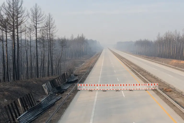 Motorway closure barrier across a deserted carriageway, scorched pine forest in the background